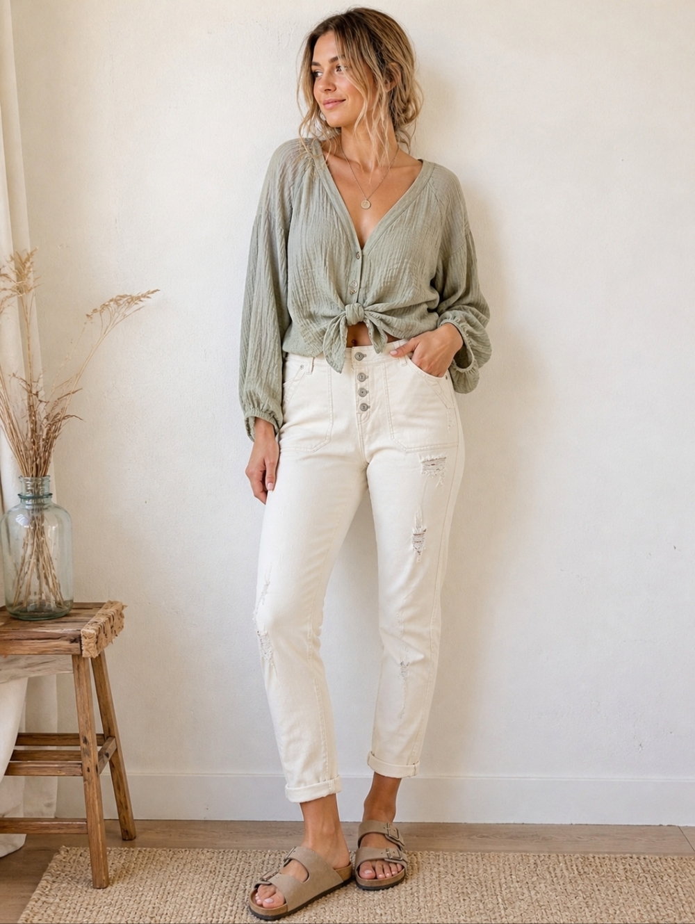 Free People Distressed Button Fly Jeans Cream White Size 8 NWT